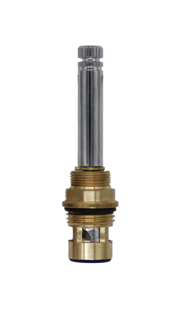 Brass cartridge body with polished chrome stem black o-ring white ceramic discs and blue seal.