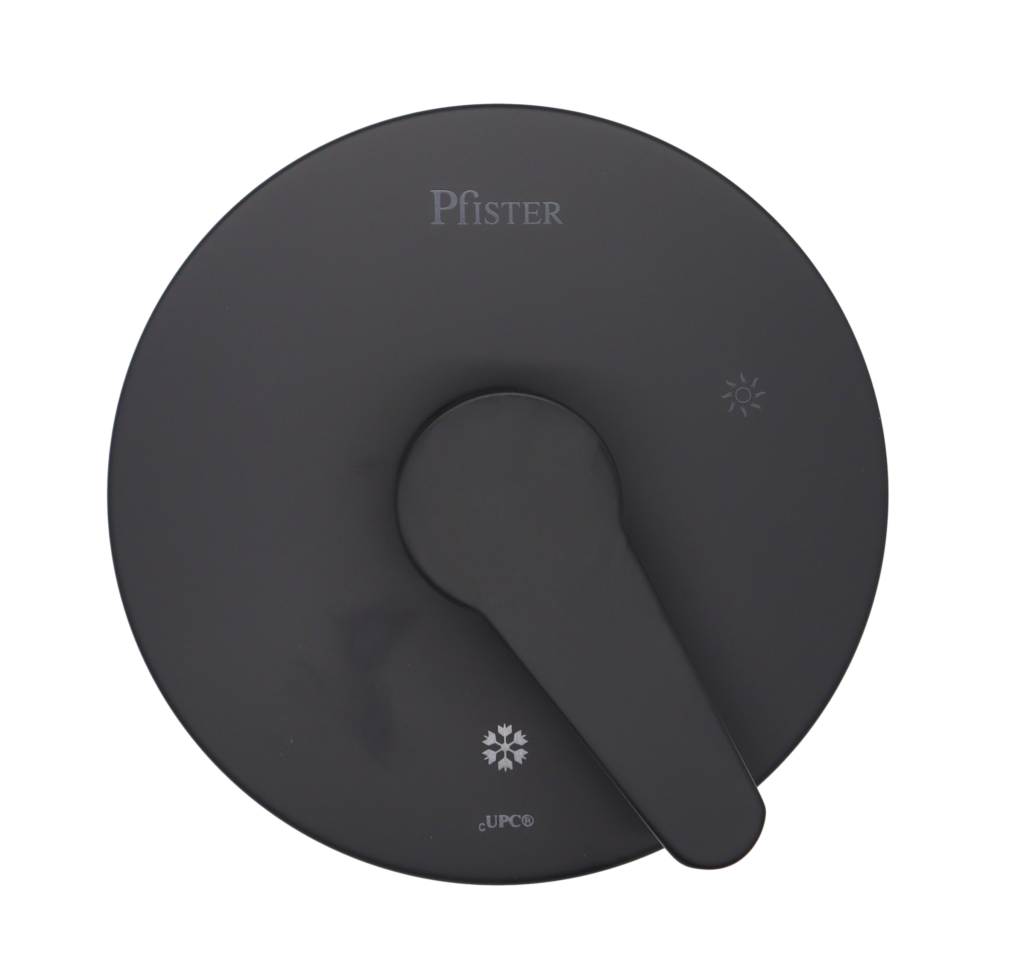 Round matte black escutcheon with matte black lever handle.