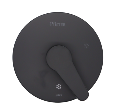 Round matte black escutcheon with matte black lever handle.