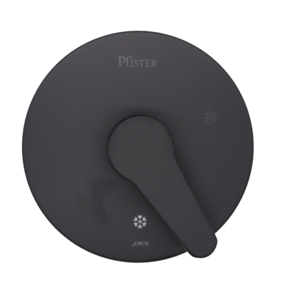 Round matte black escutcheon with matte black lever handle.