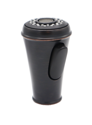 Tuscan bronze spray head with black plastic dual function button and black and grey spray face.