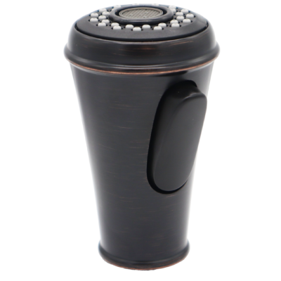 Tuscan bronze spray head with black plastic dual function button and black and grey spray face.