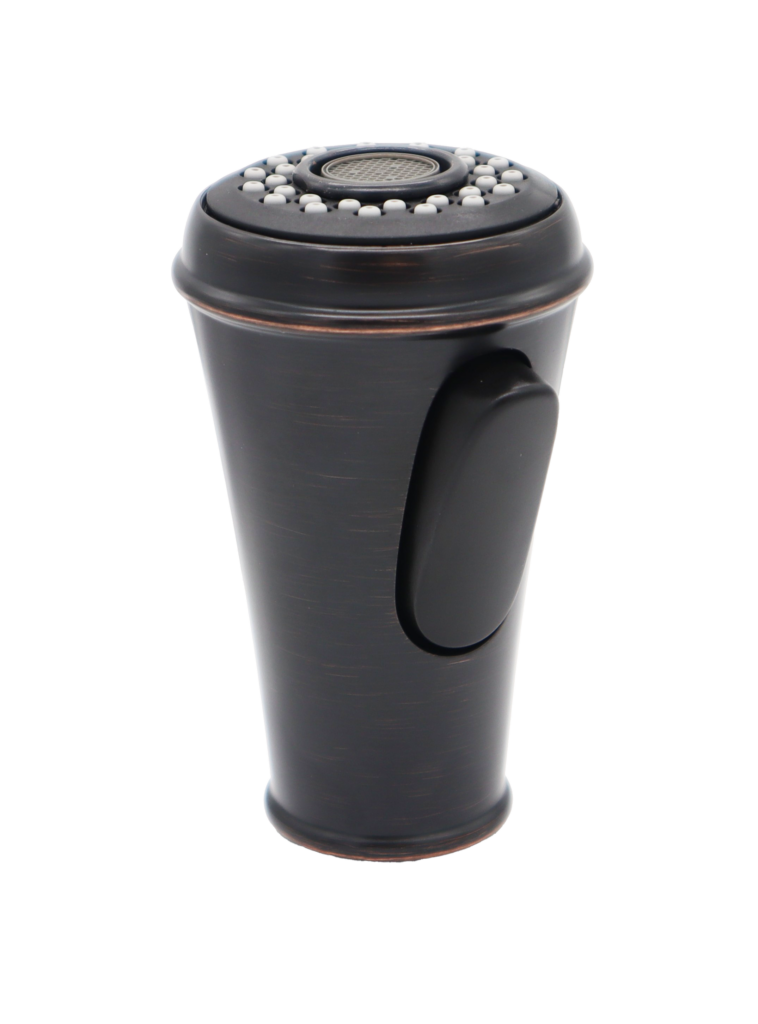 Tuscan bronze spray head with black plastic dual function button and black and grey spray face.