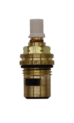 Brass cartridge with white plastic handle adapter black rubber o-ring white ceramic discs and black rubber seal.