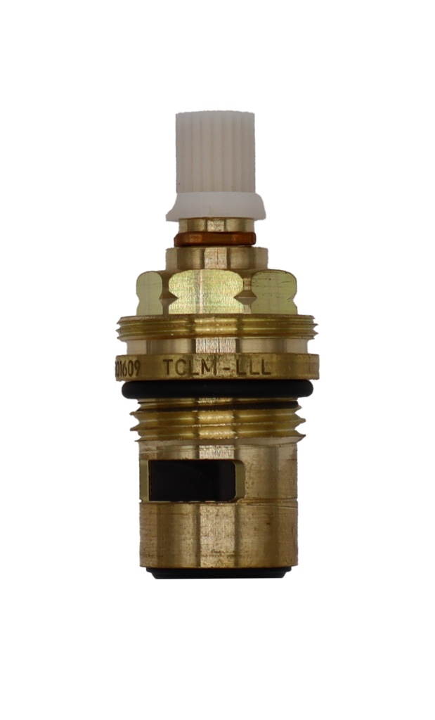Brass cartridge with white plastic handle adapter black rubber o-ring white ceramic discs and black rubber seal.