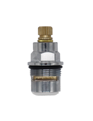 Polished chrome cartridge body with brass internal stem white ceramic discs and white rubber bottom seal.