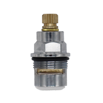 Polished chrome cartridge body with brass internal stem white ceramic discs and white rubber bottom seal.