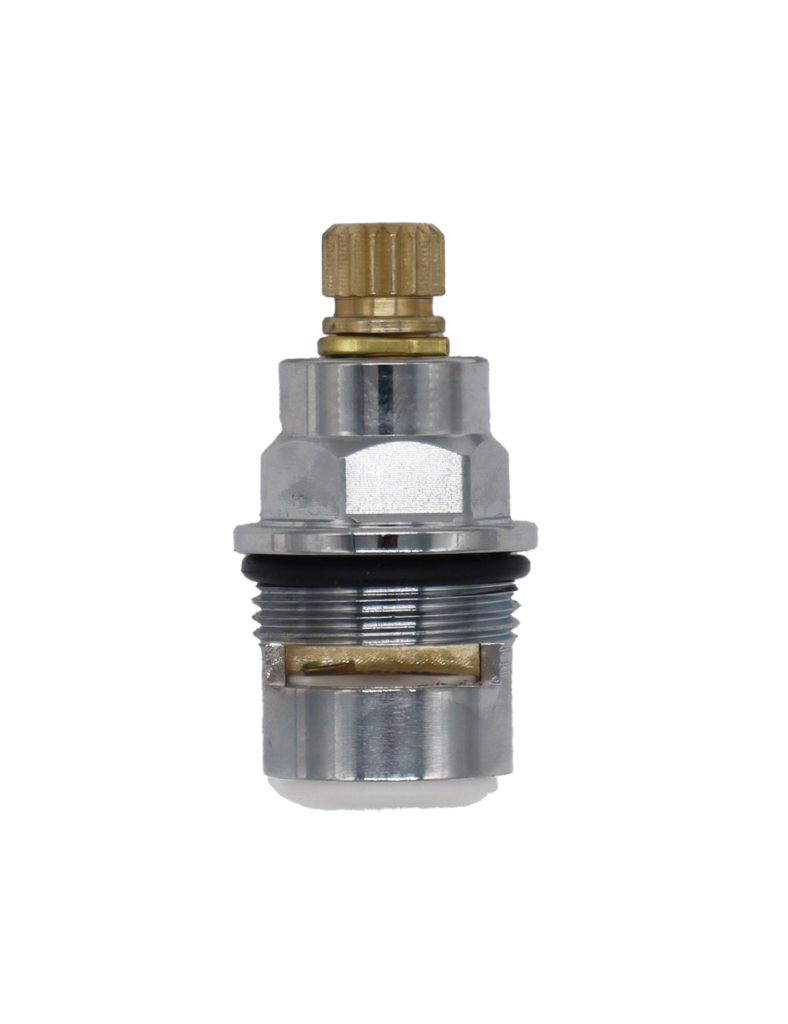 Polished chrome cartridge body with brass internal stem white ceramic discs and white rubber bottom seal.