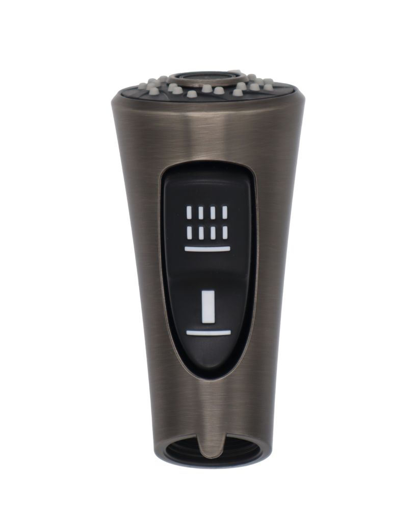 Slate spray head with black dual function rubber button.