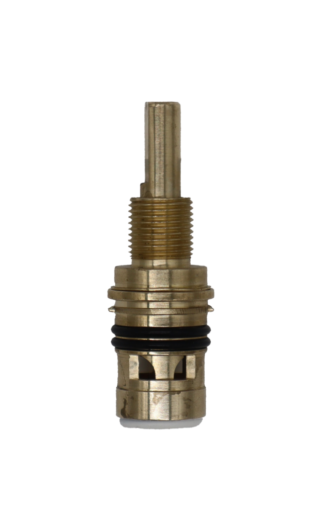 Brass cartrdige with black rubber o-rings white ceramic discs and bottom seal.