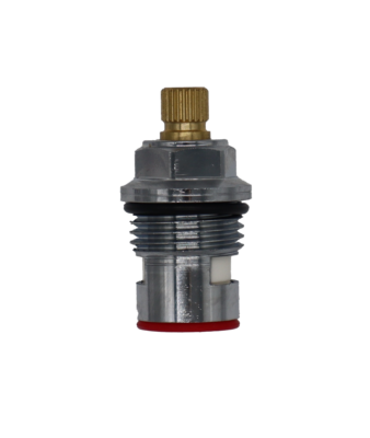 Polished chrome cartridge with brass stem white ceramic discs and red rubber washer.