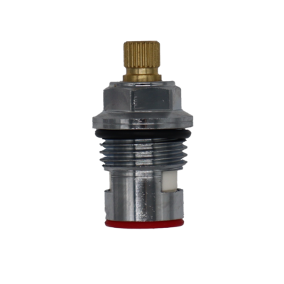 Polished chrome cartridge with brass stem white ceramic discs and red rubber washer.