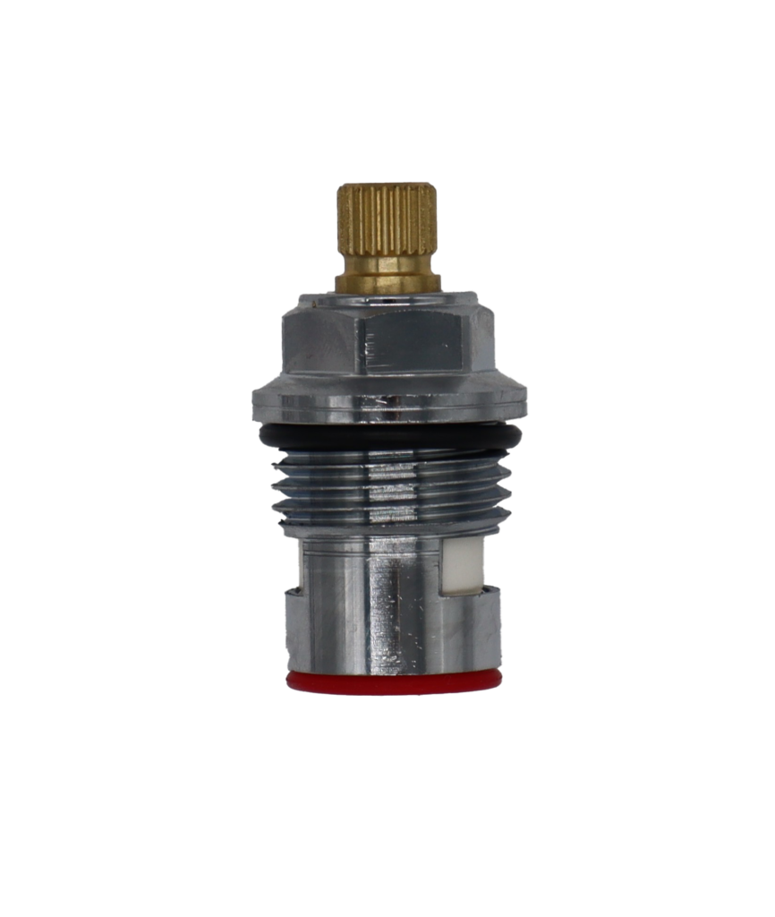 Polished chrome cartridge with brass stem white ceramic discs and red rubber washer.