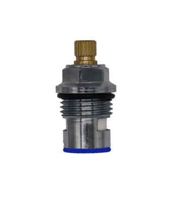 Polished chrome cartridge with brass stem white ceramic discs and blue rubber seal.