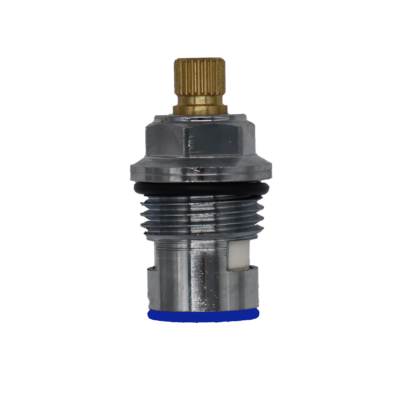 Polished chrome cartridge with brass stem white ceramic discs and blue rubber seal.