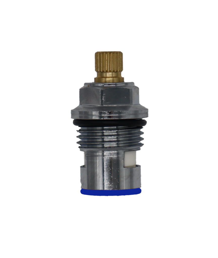 Polished chrome cartridge with brass stem white ceramic discs and blue rubber seal.