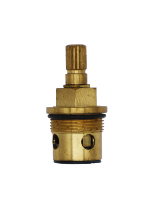Bright brass cartridge with white ceramic discs black rubber o-ring and black rubber bottom seal.