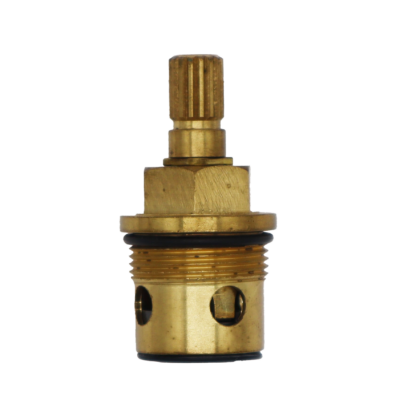 Bright brass cartridge with white ceramic discs black rubber o-ring and black rubber bottom seal.