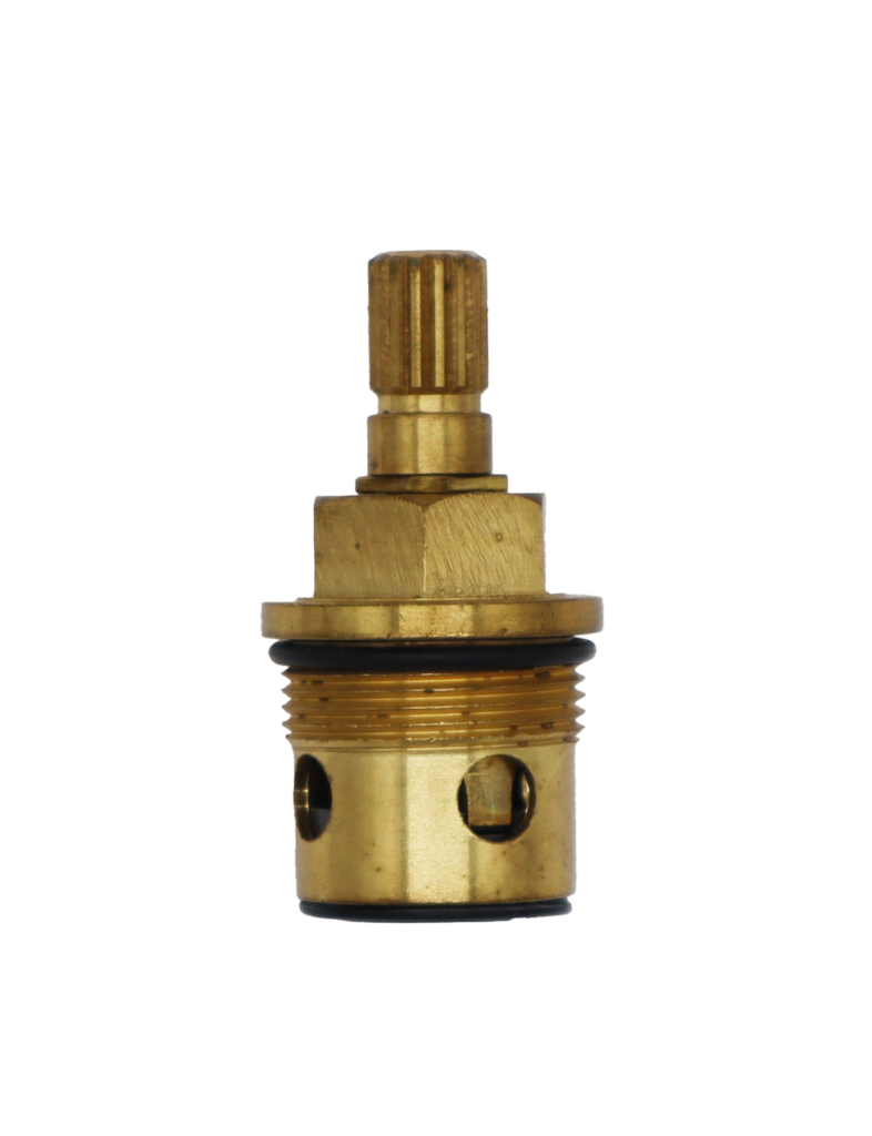 Bright brass cartridge with white ceramic discs black rubber o-ring and black rubber bottom seal.