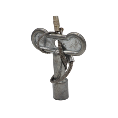 Metal t handle with twisted steel lanyard.