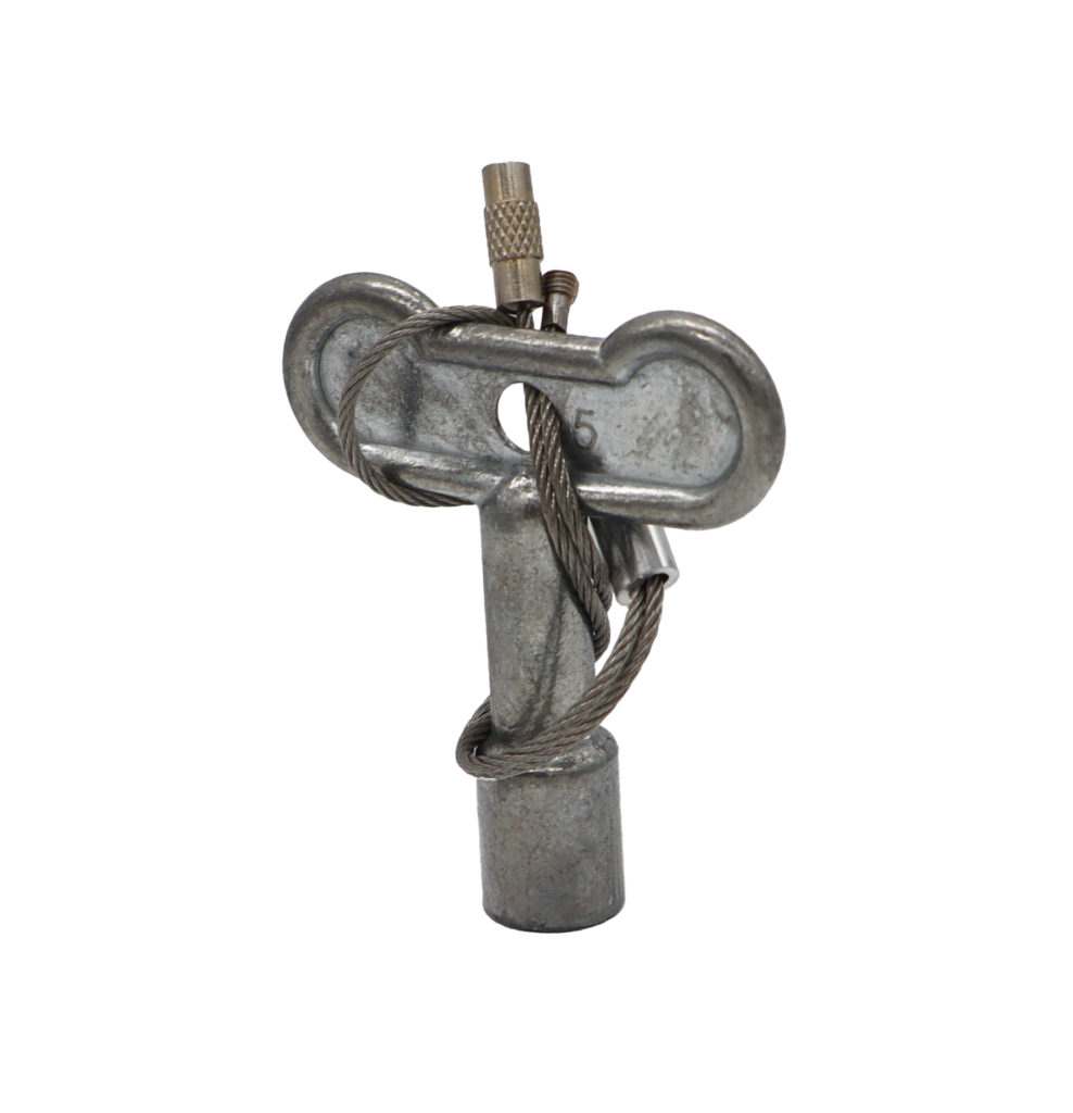 Metal t handle with twisted steel lanyard.