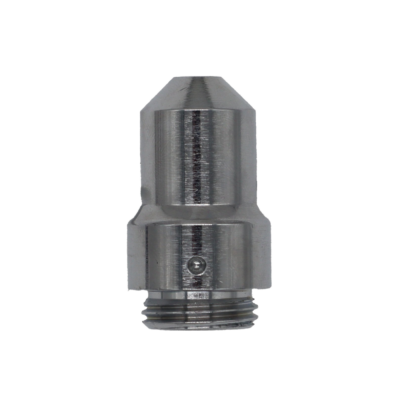 Polished chrome brass shower head with vandal proof screw and white washer.