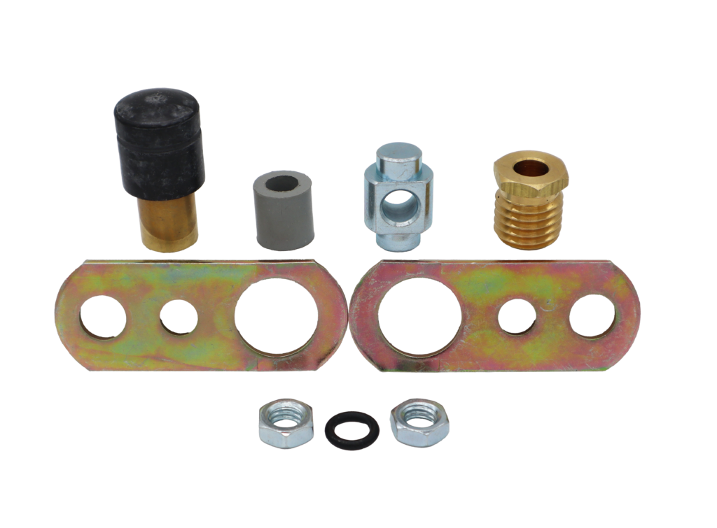 Black rubber seal with brass and metal nuts.