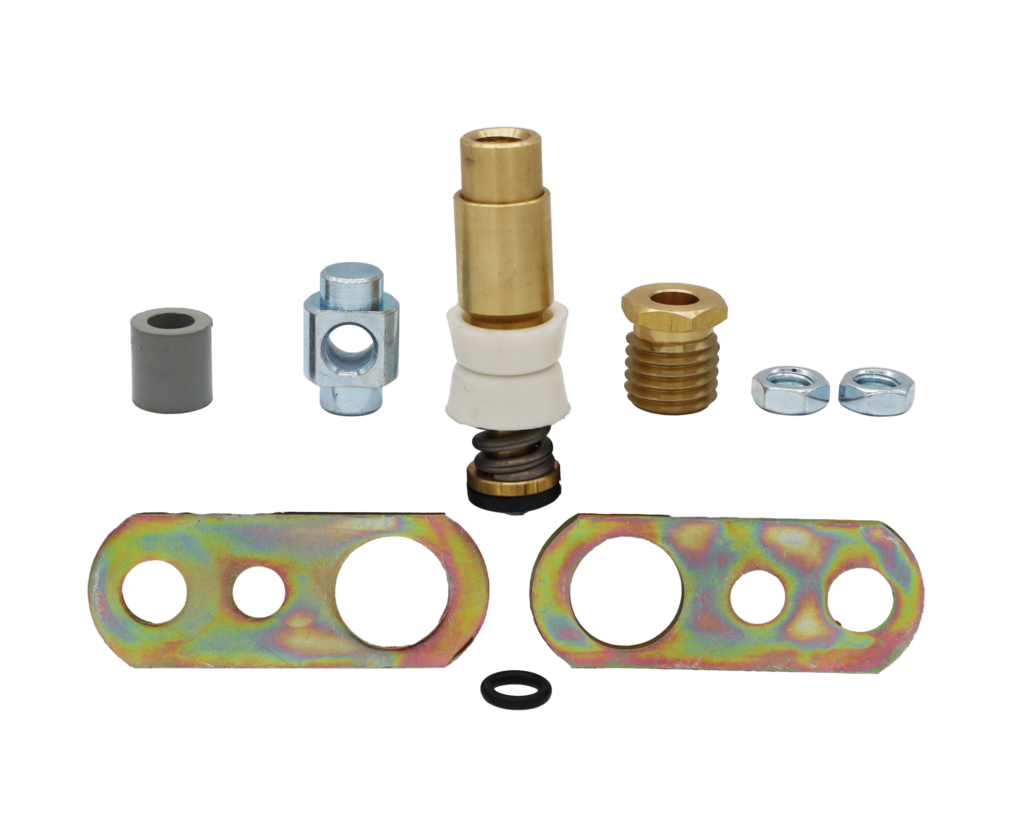 Stamped metal draw staps brass stem unit with metal nuts and black rubber o-ring.