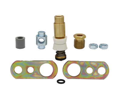 Stamped metal draw staps brass stem unit with metal nuts and black rubber o-ring.