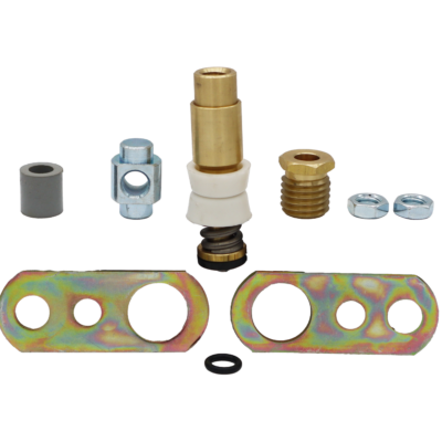 Stamped metal draw staps brass stem unit with metal nuts and black rubber o-ring.