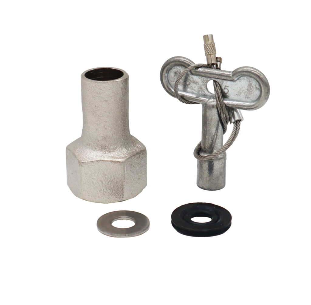 Metal t handle with polished chrome nut with metal and rubber washer.