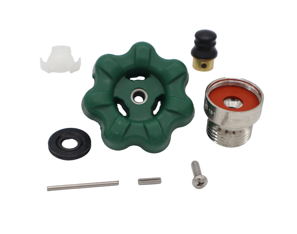 Green wheel handle with polisched chrome vacuum breaker white plastic insert balck rubber seals with stainless screw.