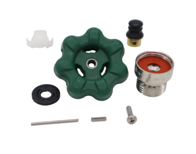 Green wheel handle with polisched chrome vacuum breaker white plastic insert balck rubber seals with stainless screw.