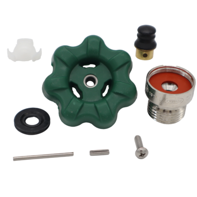 Green wheel handle with polisched chrome vacuum breaker white plastic insert balck rubber seals with stainless screw.