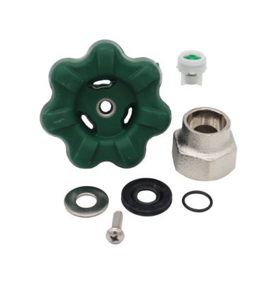 Green wheel handle with white plastic vacuum beraker rubber and metal washers with polished chrome nut and screw.