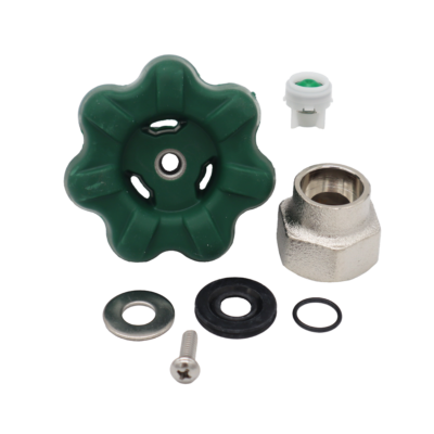 Green wheel handle with white plastic vacuum beraker rubber and metal washers with polished chrome nut and screw.