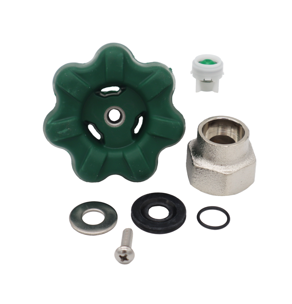 Green wheel handle with white plastic vacuum beraker rubber and metal washers with polished chrome nut and screw.