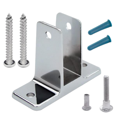 Polished chrome zamac bracket and screws with blue wall anchors.