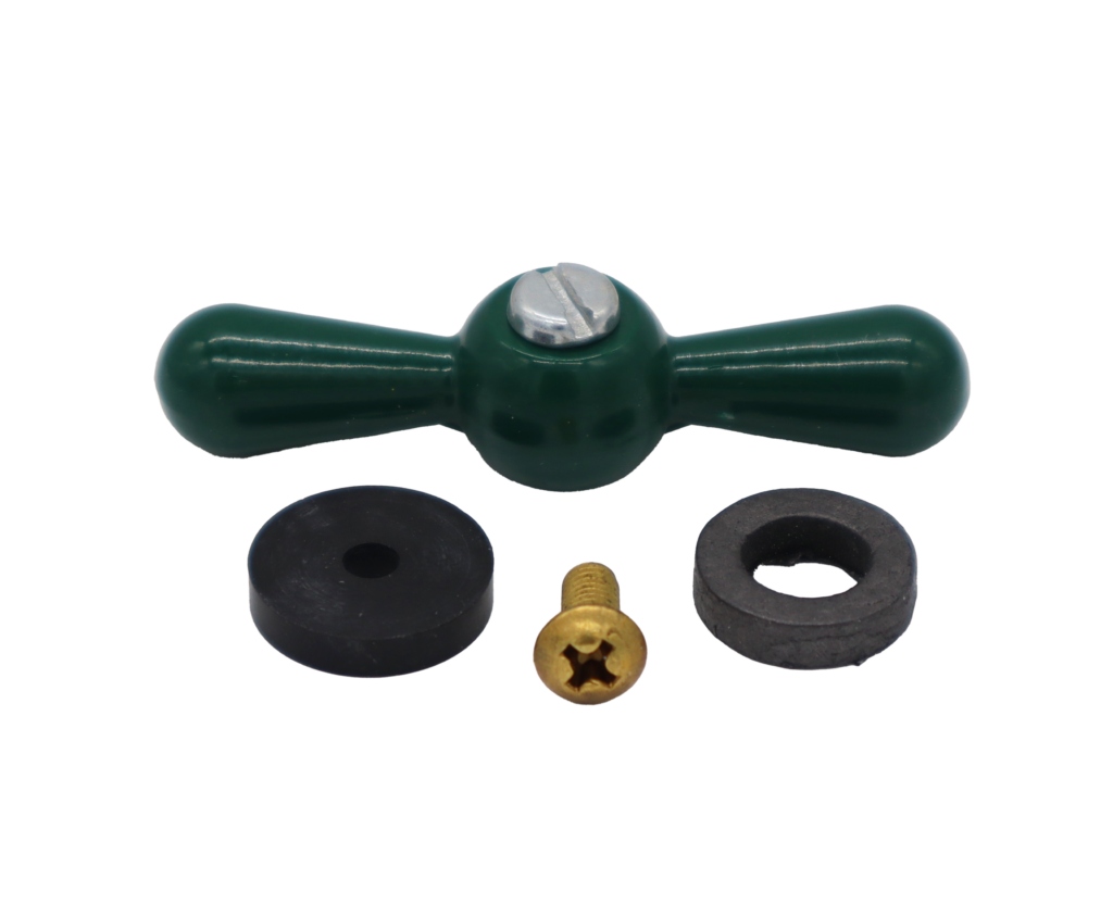 Green metal handle metal screw with grey packing black rubber washer and brass screw.