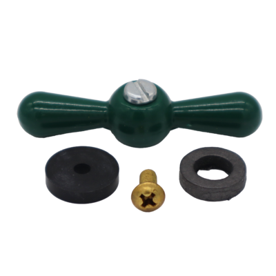 Green metal handle metal screw with grey packing black rubber washer and brass screw.