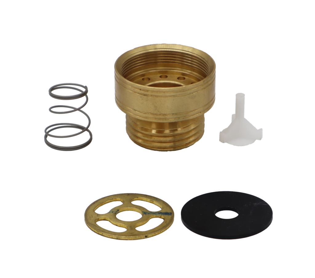 Bright brass vacuum breaker body with white plastic insert stainless spring brass and black rubber washer.