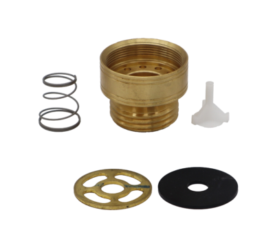 Bright brass vacuum breaker body with white plastic insert stainless spring brass and black rubber washer.