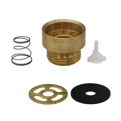Bright brass vacuum breaker body with white plastic insert stainless spring brass and black rubber washer.