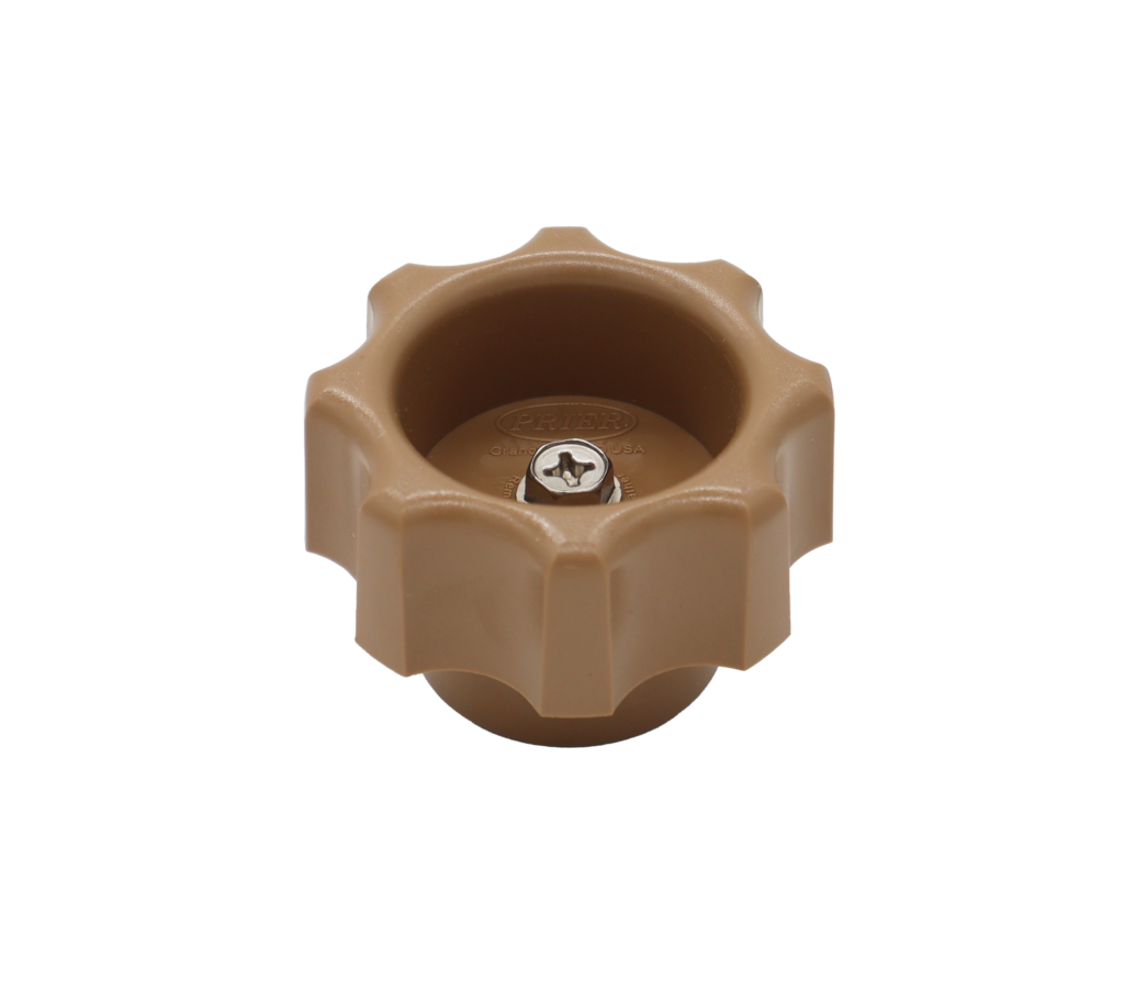 Tan octagonal plastic handle with self tapping metal screw.