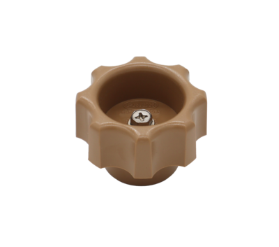 Tan octagonal plastic handle with self tapping metal screw.