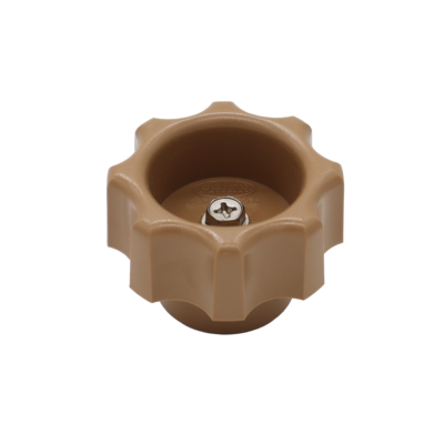 Tan octagonal plastic handle with self tapping metal screw.