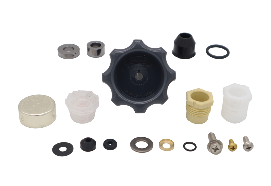 Grey plastic handle black rubber seals white plastic nuts and vacuum breaker with stainless and brass screws.