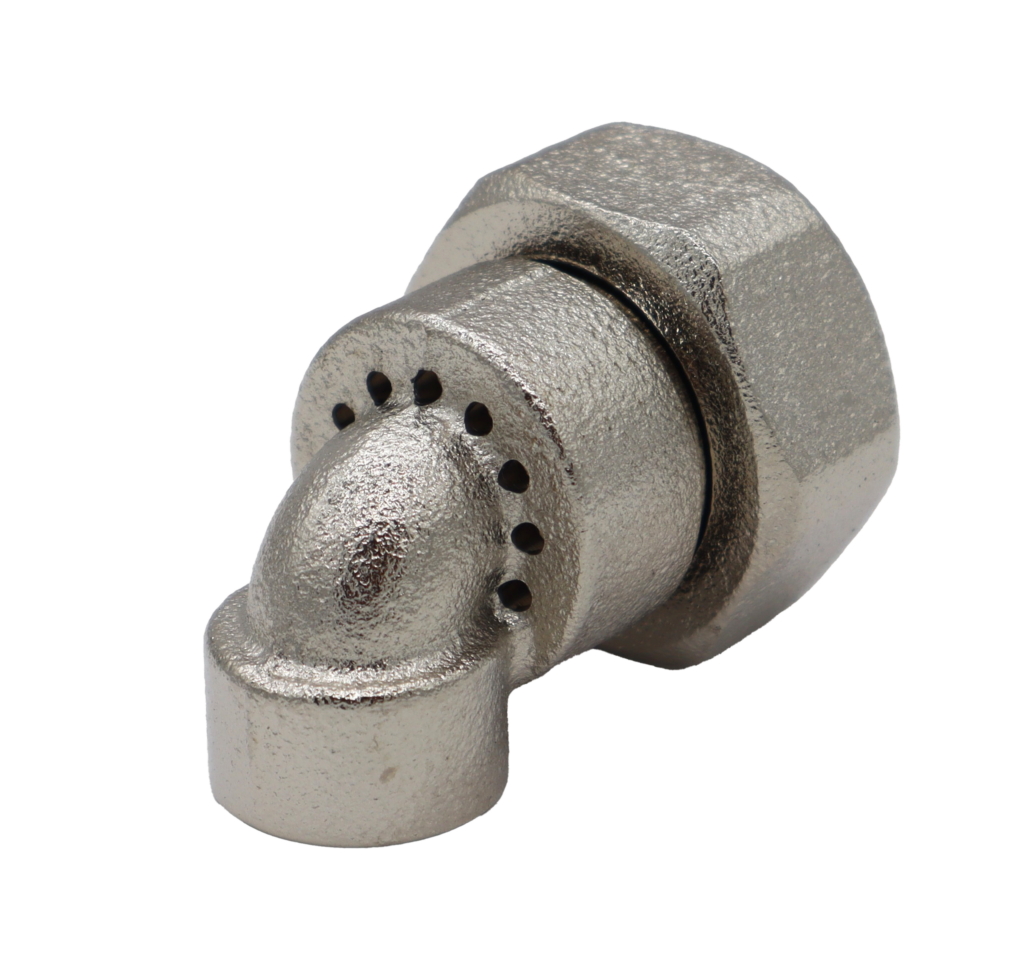 Nickel plated brass spout for outdoor shower.