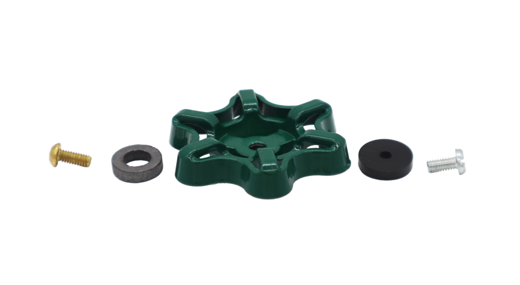 Green oval handle with black rubber washer graphite packing and stainless and brass screws.
