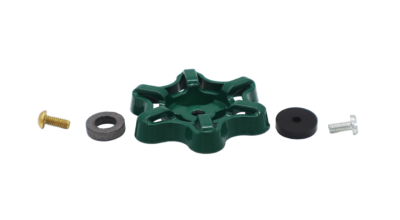 Green oval handle with black rubber washer graphite packing and stainless and brass screws.